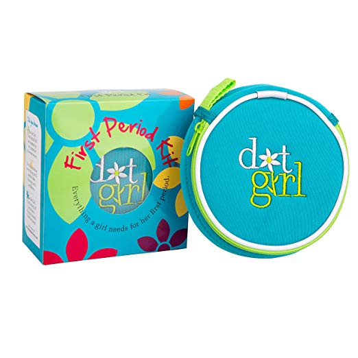 The Dot Girl First Period Kit contains everything a girl needs for her first period. It includes information and supplies, neatly packaged in a fashionable discreet carrying case. 