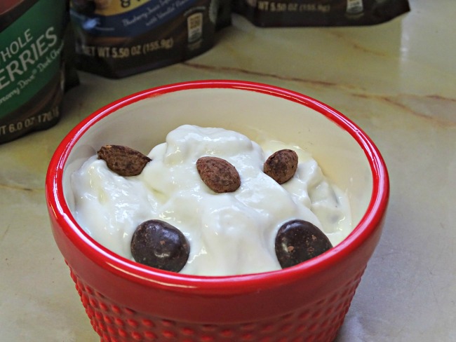 Homemade frozen yogurt with Dove Fruit and Nut mixed in