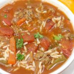 stuffed pepper soup in a white bowl