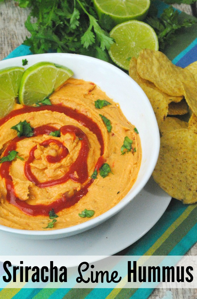 Sriracha Lime Hummus with chips and lime slices