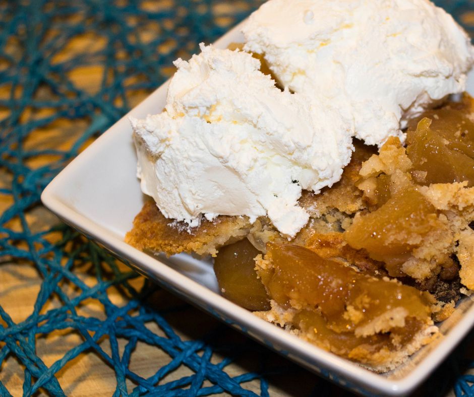 apple cobbler with cake mix with ice cream on top