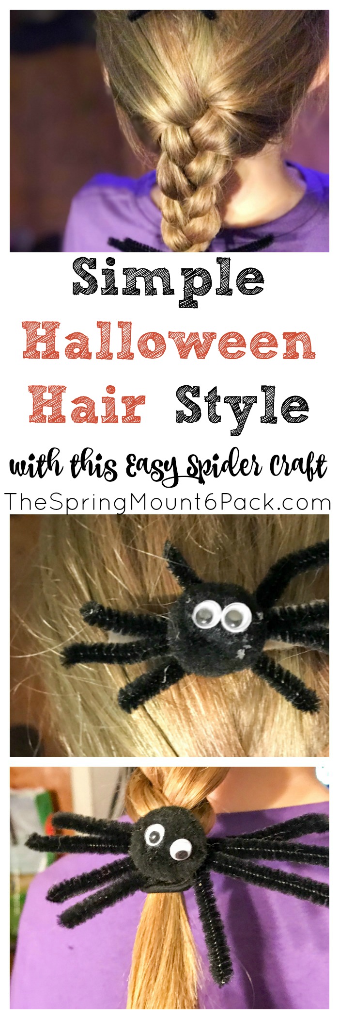 A simple Halloween hairstyle. Create a fun spider craft that can double as a Halloween hair accessory. We created Halloween hair ties and Halloween barrette with our spiders.