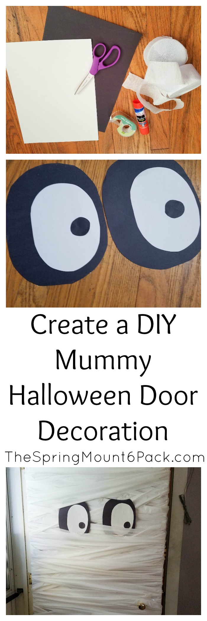 Create this mummy Halloween door decoration with only a few supplies. It is a simple diy Halloween decoration that costs next to nothing and is simple to make 