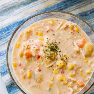 Looking for a chicken corn chowder recipe? This slow cooker soup is a copy cat recipe of WAWAs chicken corn chowder and it is soup heaven.