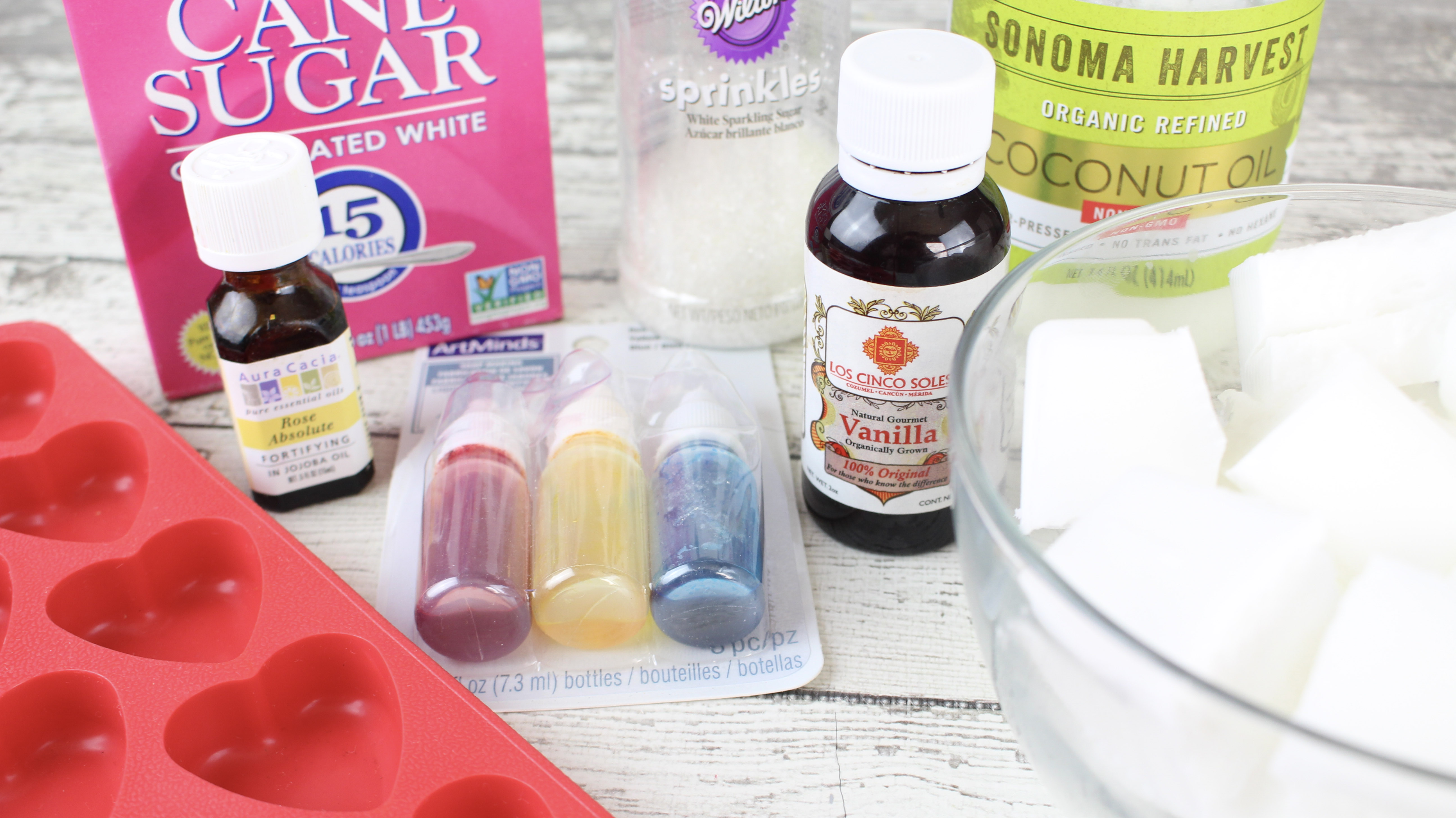 Ingredients to make Rose Vanilla Exfoliating Sugar Scrub Soap Cubes