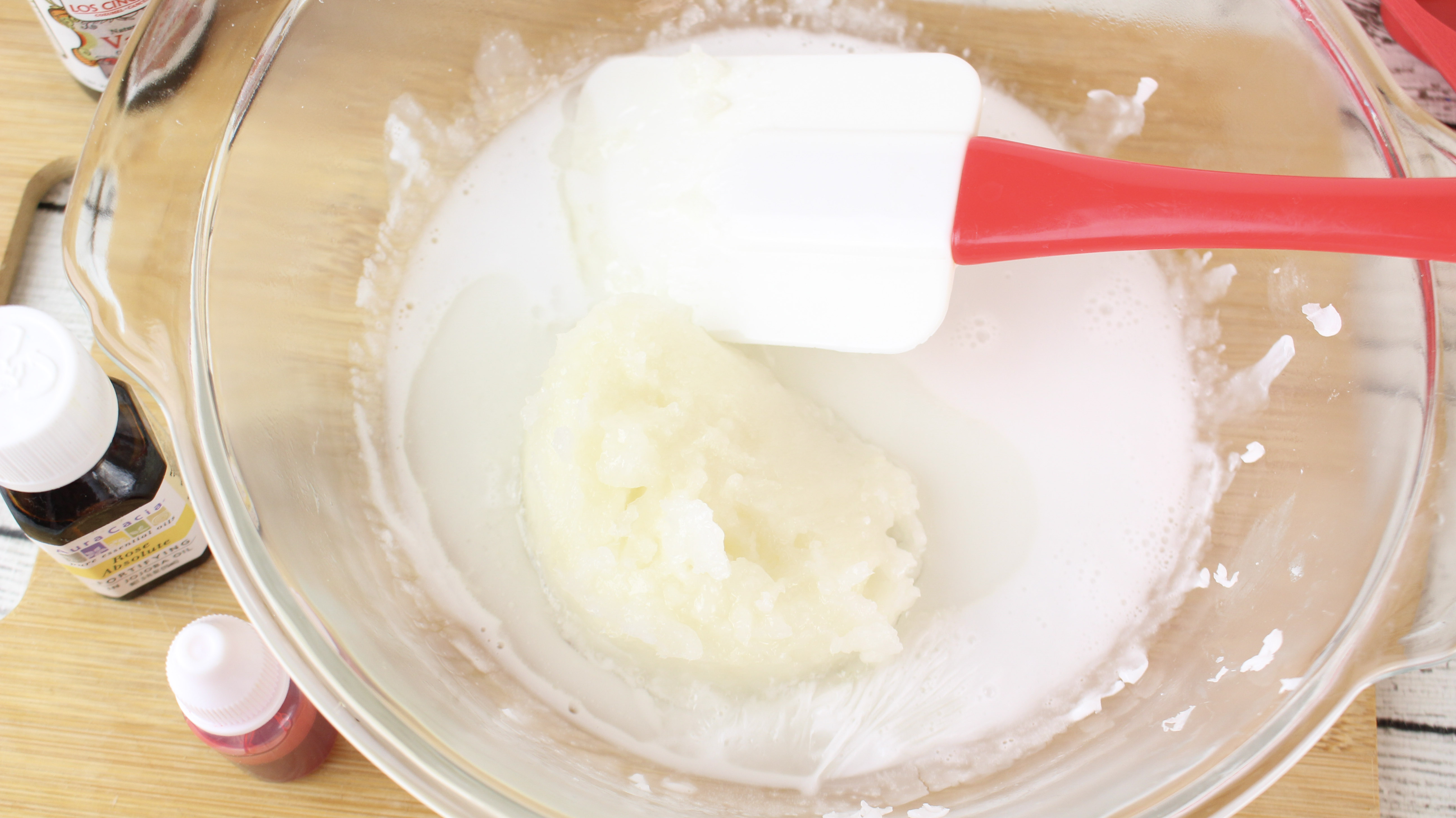 Add coconut oil to the soap to make Rose Vanilla Exfoliating Sugar Scrub Soap Cubes