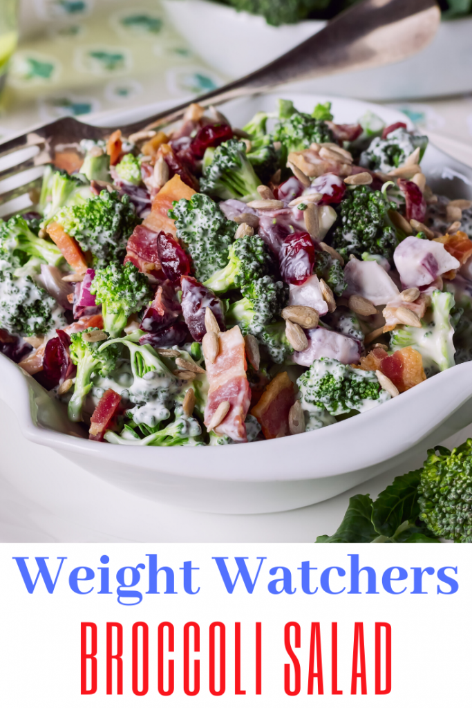 broccoli salad in a white bowl for pinterest