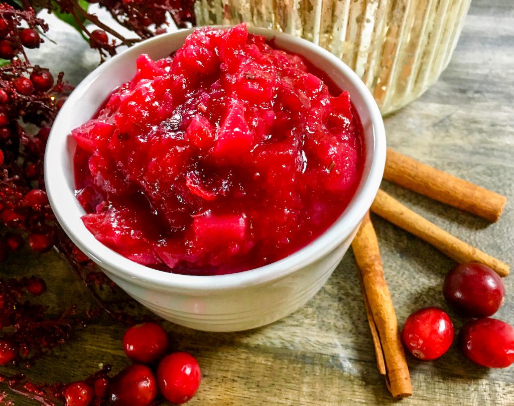 This gorgeous, delicious cranberry-pear sauce is sure to be a hit this holiday season! It is super quick and easy to make and does not include any refined sugar. Instead, it gets its sweetness naturally from ripe pears and a touch of real maple syrup. Once you try this recipe, you’ll never look at store-bought cranberry sauce the same.