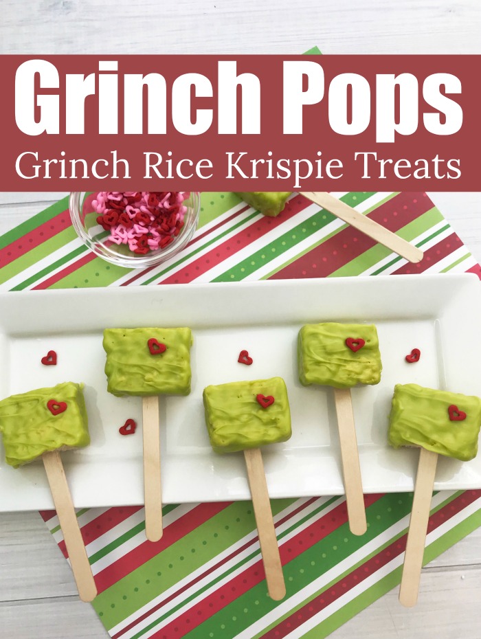 Looking for a fun Grinch treat? These simple to make Grinch Pops, which are Grinch Rice Crispy Treats will be a hit whether you make them for the kids, for a party or for a get-together. I think even the Grinch's heart would grow with these easy Christmas treats.