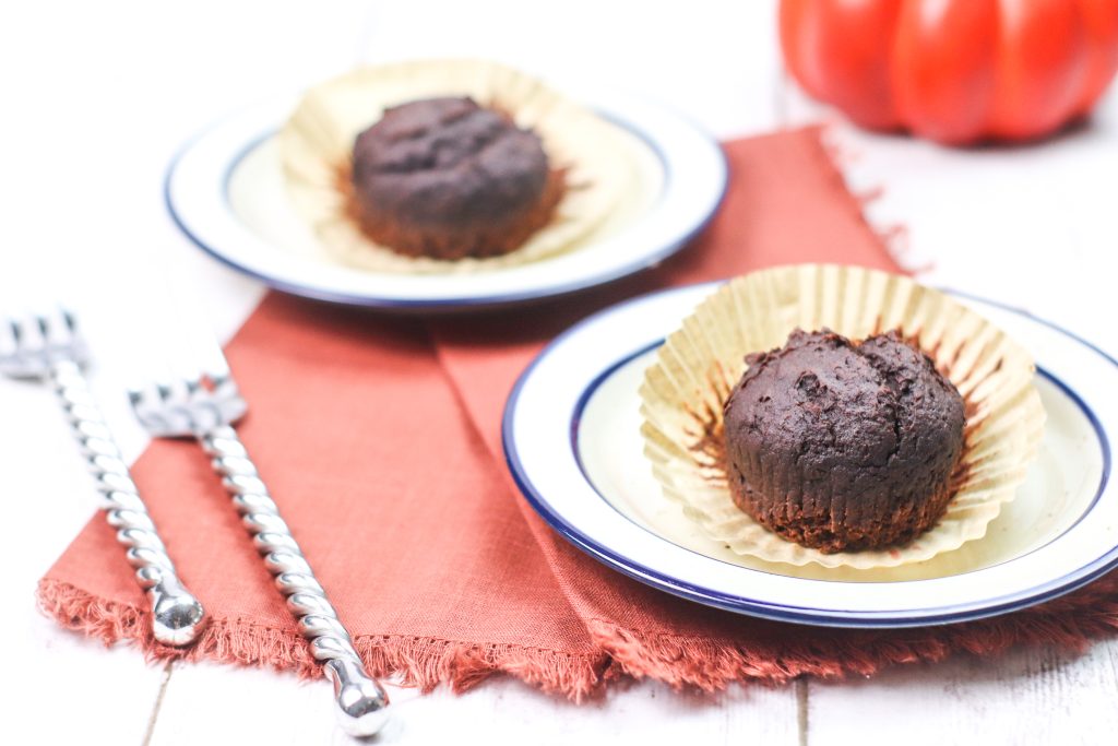 weight watchers chocolate pumpkin muffins on a white plate