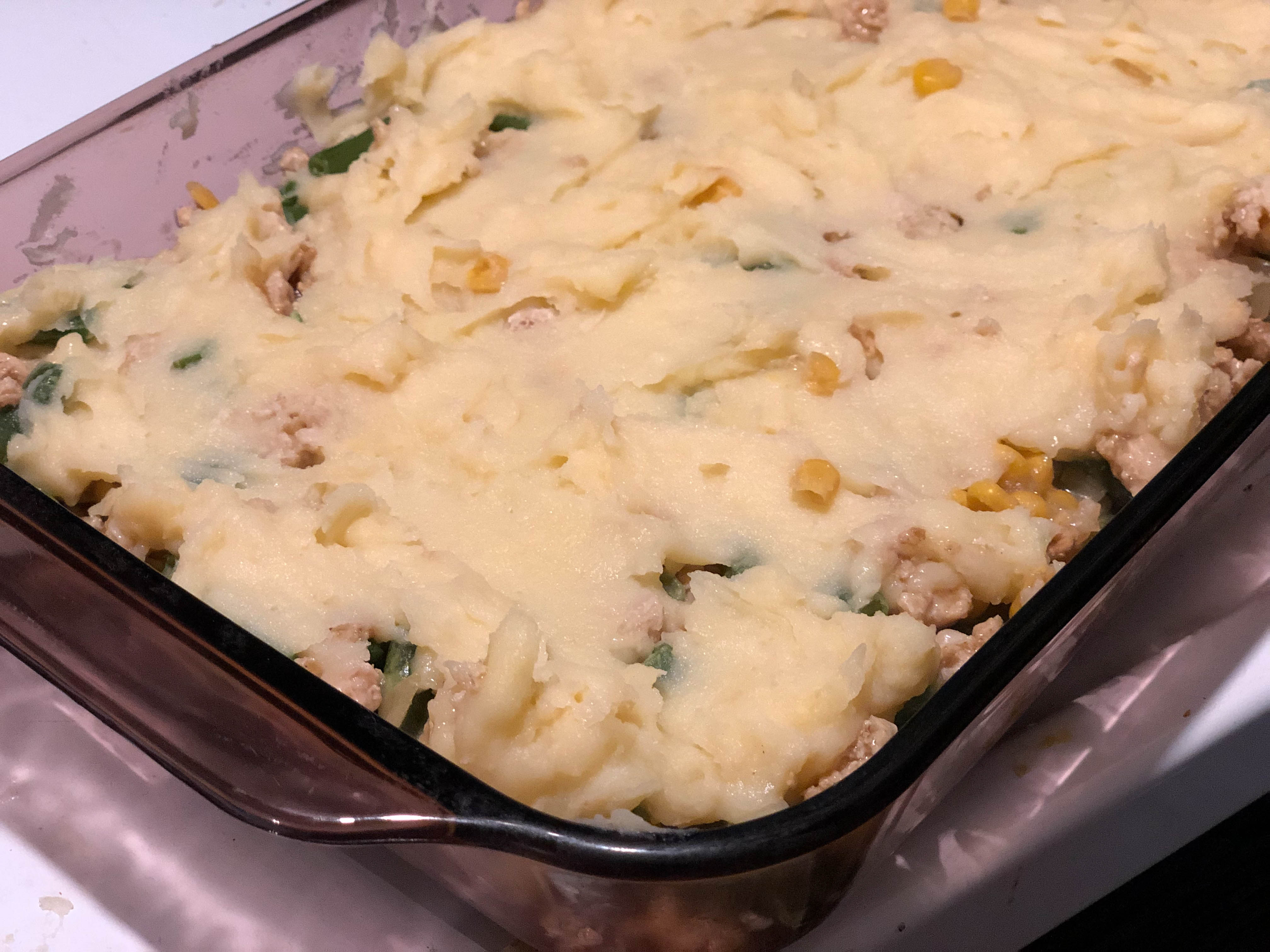 mashed potatoes on top of shepherds pie casserole