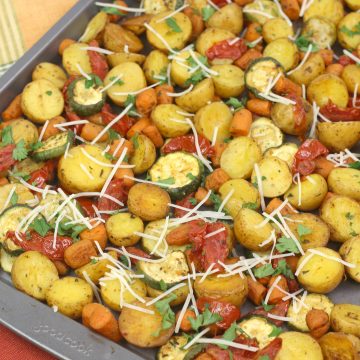 roasted vegetables on a sheet pan