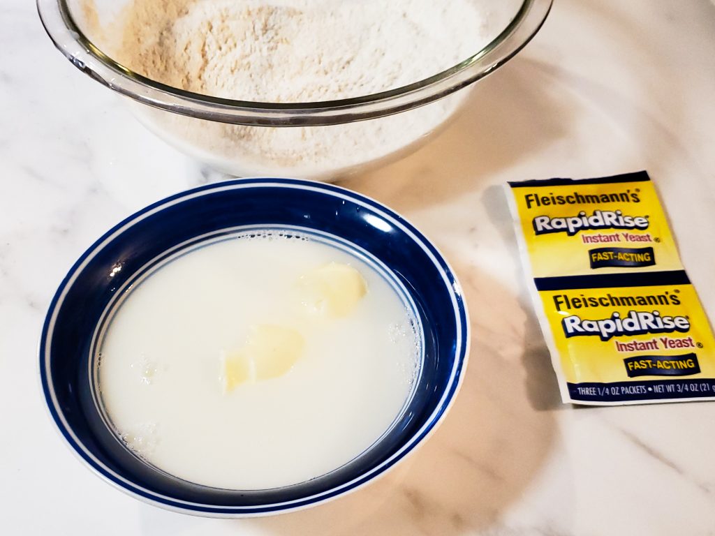 milk, water and butter in a bowl