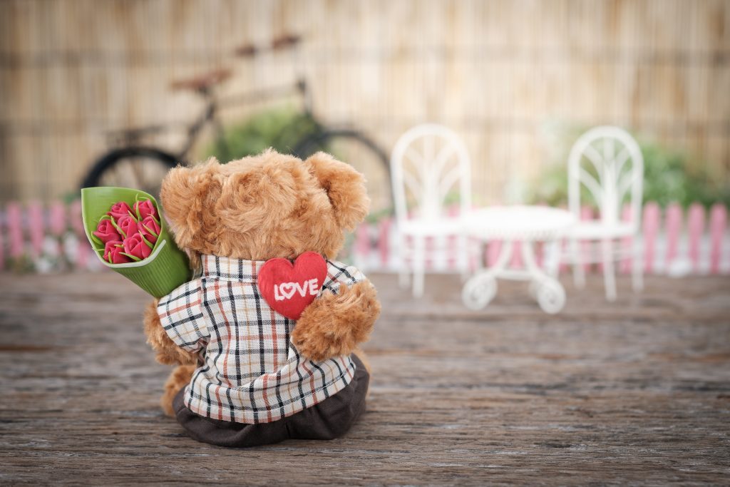 bear with a heart pillow and flowers