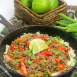 thai basil beef in a cast iron skiller