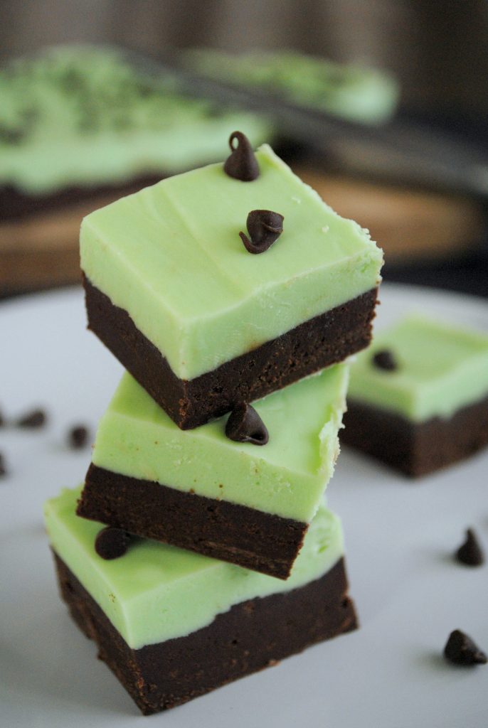 Mint Chocolate Frosting Fudge on a white plate