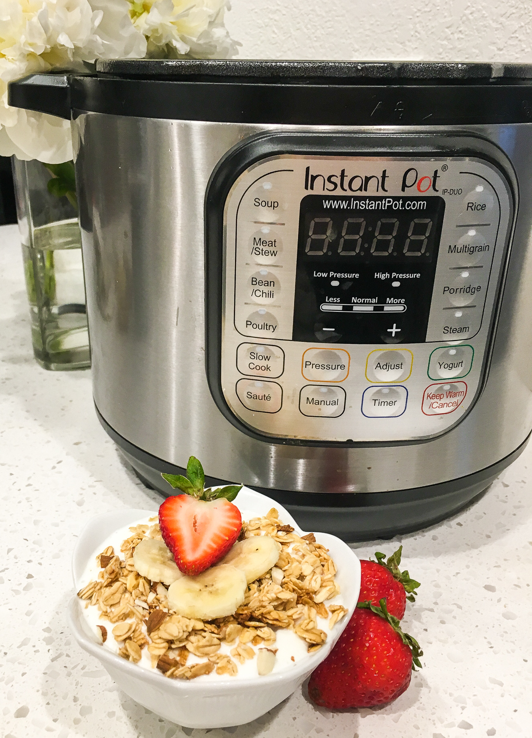 A small bowl full of Greek Yogurt topped with granola, bananas, and a strawberry.