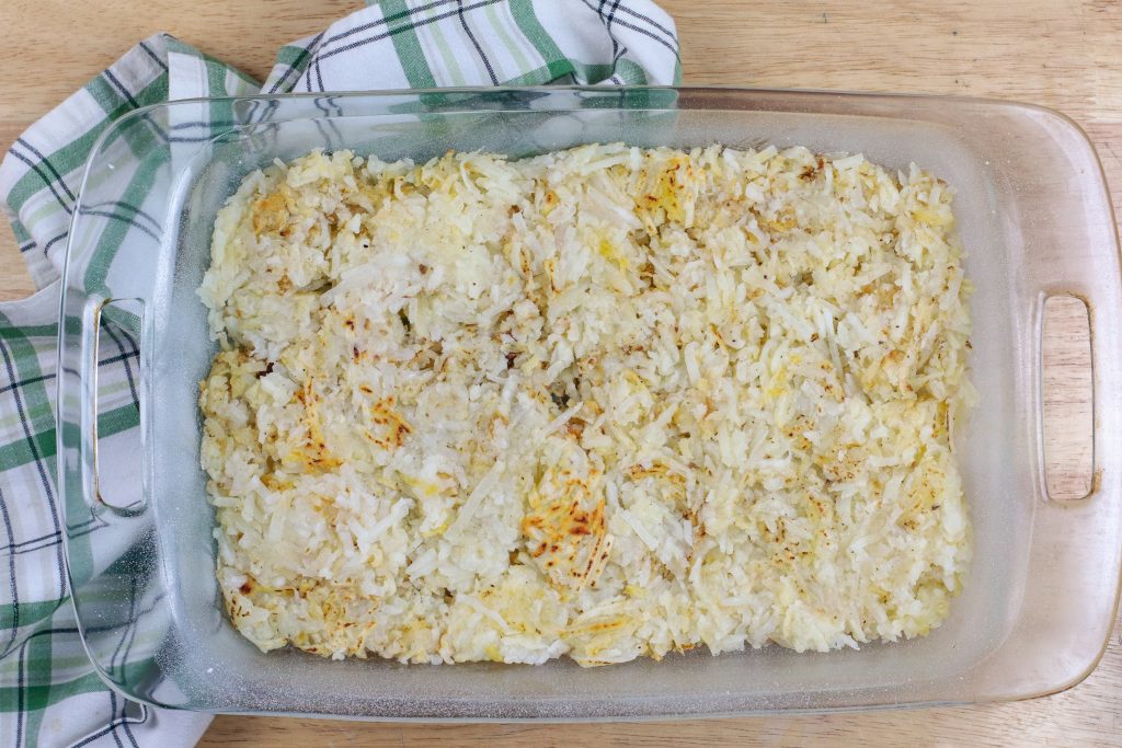 Browned hash browns in a baking dish