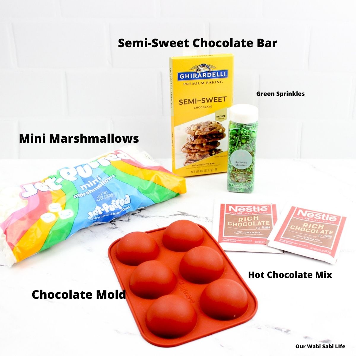 Ingredients needed to make St. Patrick's Day Hot Chocolate Bombs