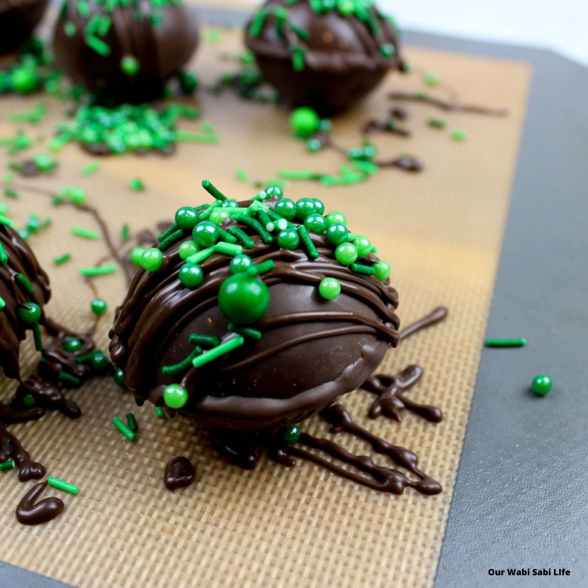 Green sprinkles on hot chocolate bombs