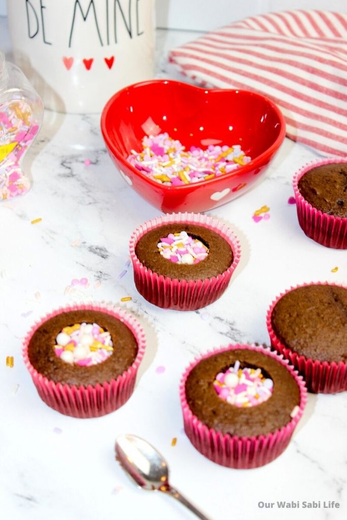 Chocolate cupcakes with sprinkles in the middle