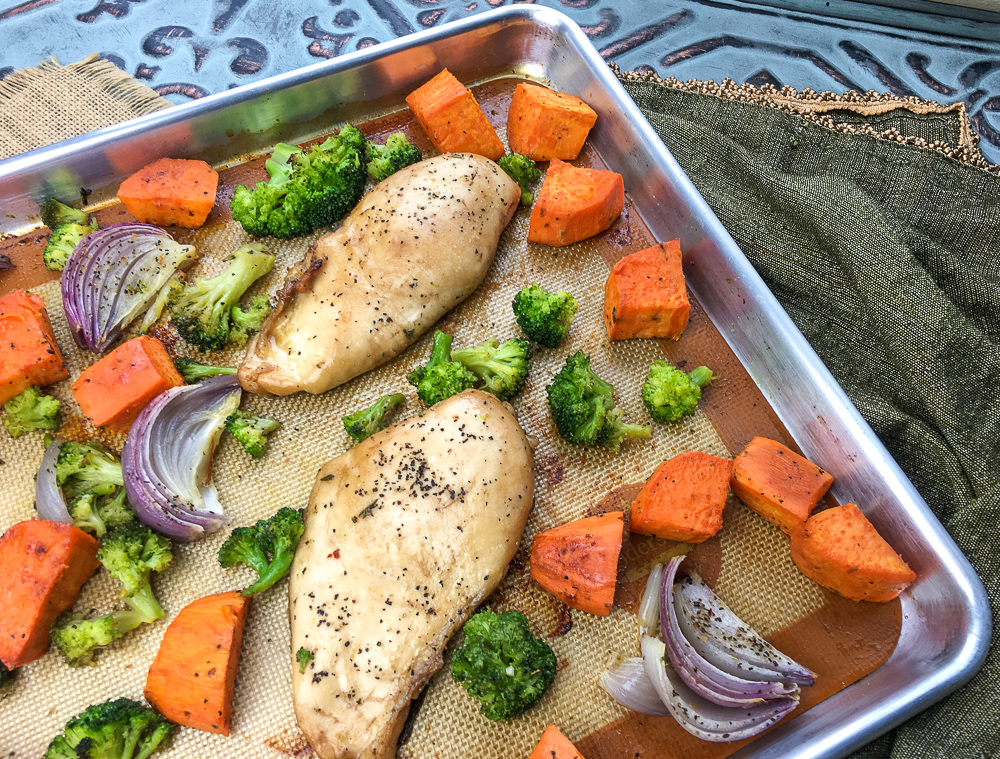 chicken and veggies in a pan