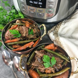 Two bowls of pot roast with vegetables that have been cooked in the Instant Pot