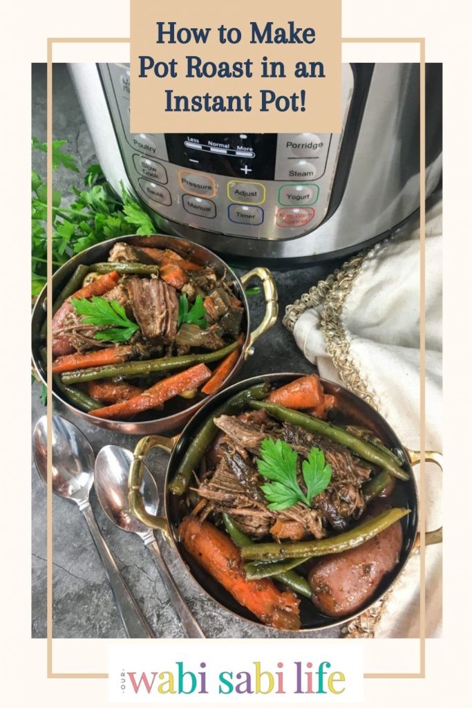 Two bowls full of tender chuck roast that has been cooked in the pressure cooker. 