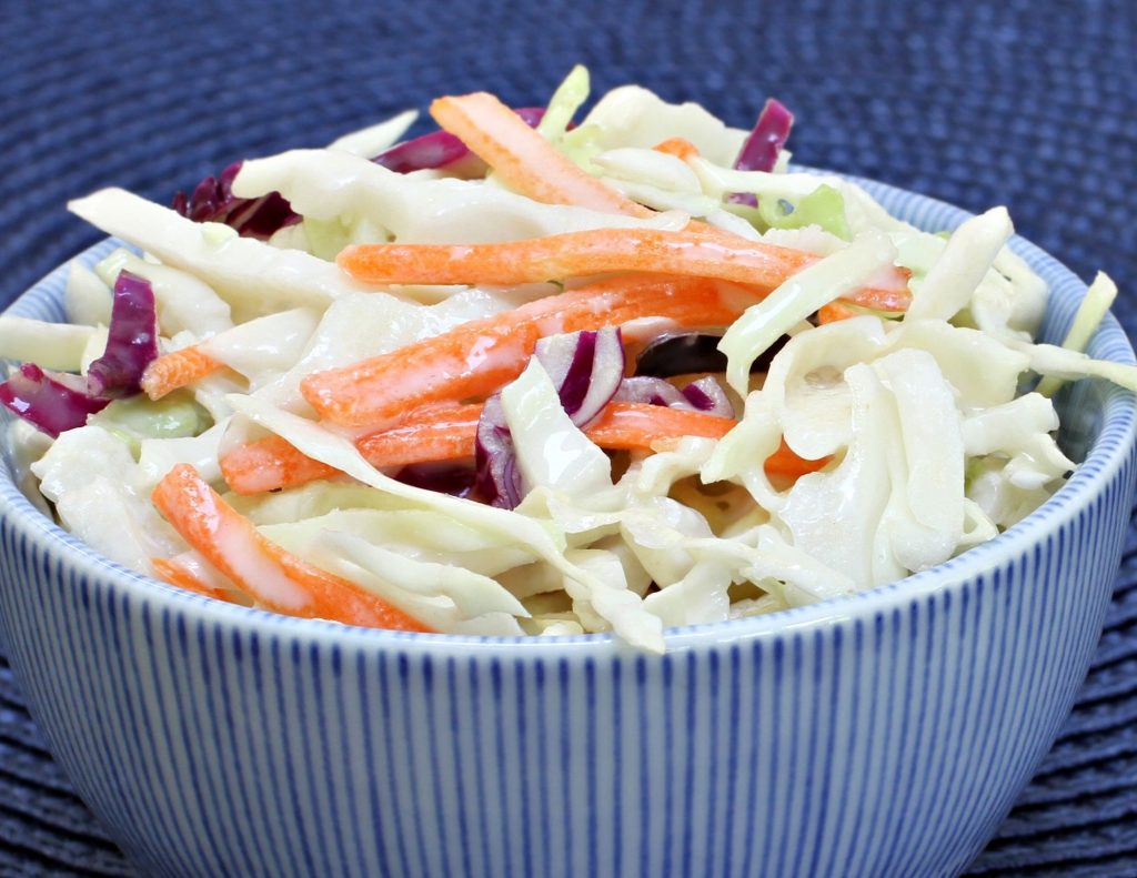 coleslaw in a blue bowl