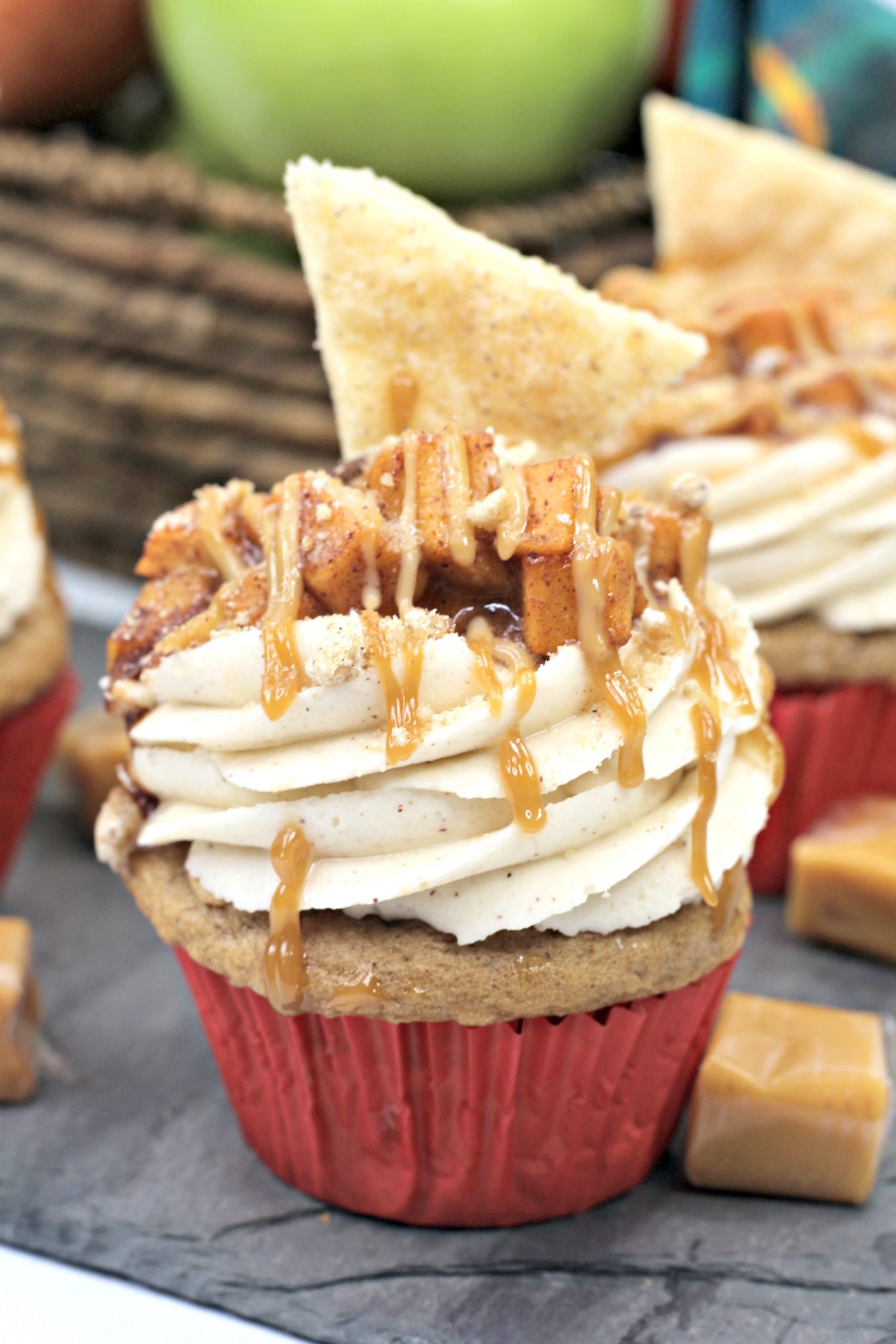A close up of one of the Apple Pie Cupcakes.