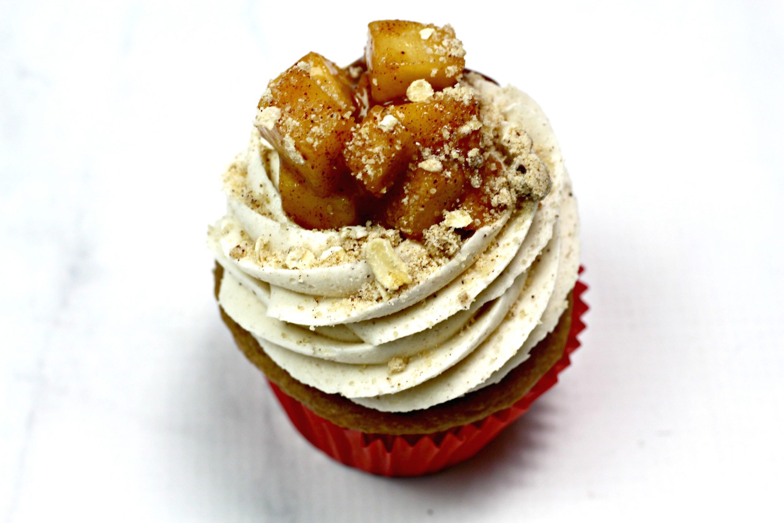 A downward view of one of the apple pie cupcakes.