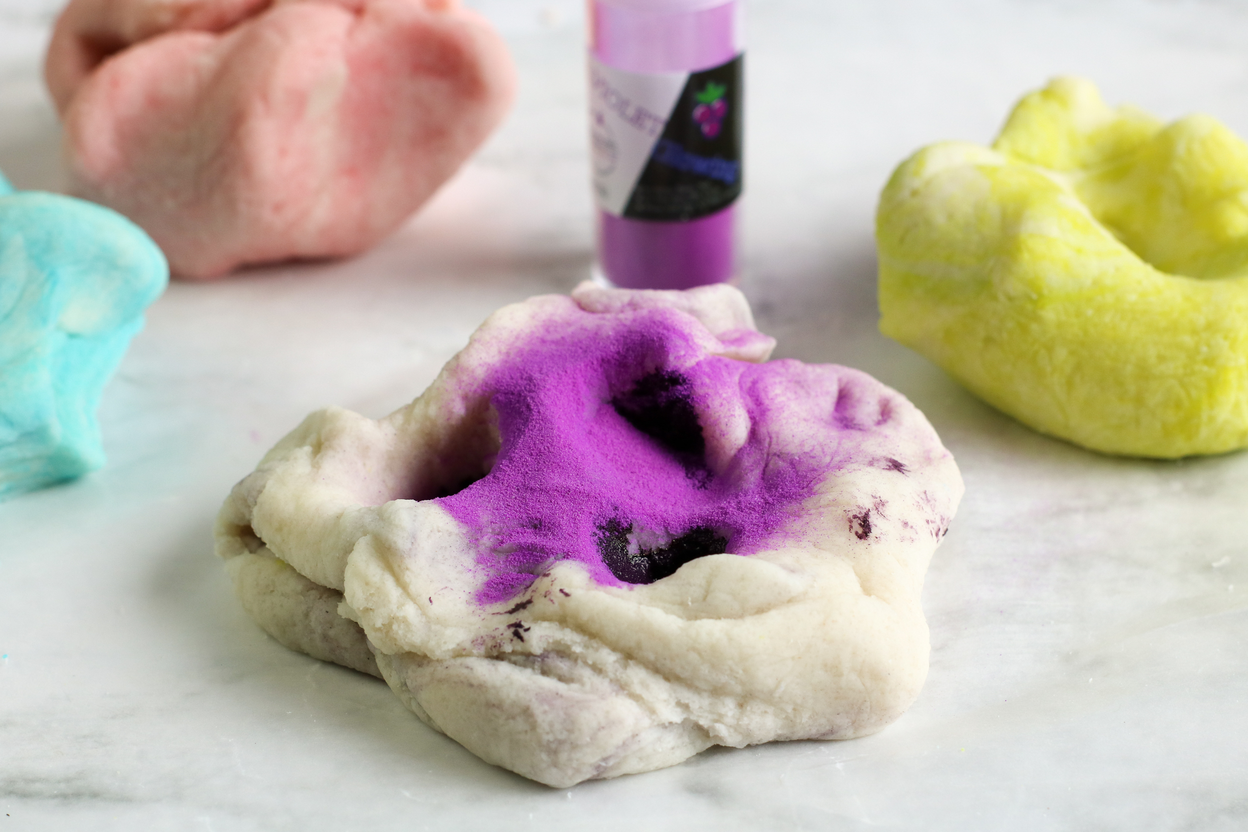 Blending the dough and coloring.
