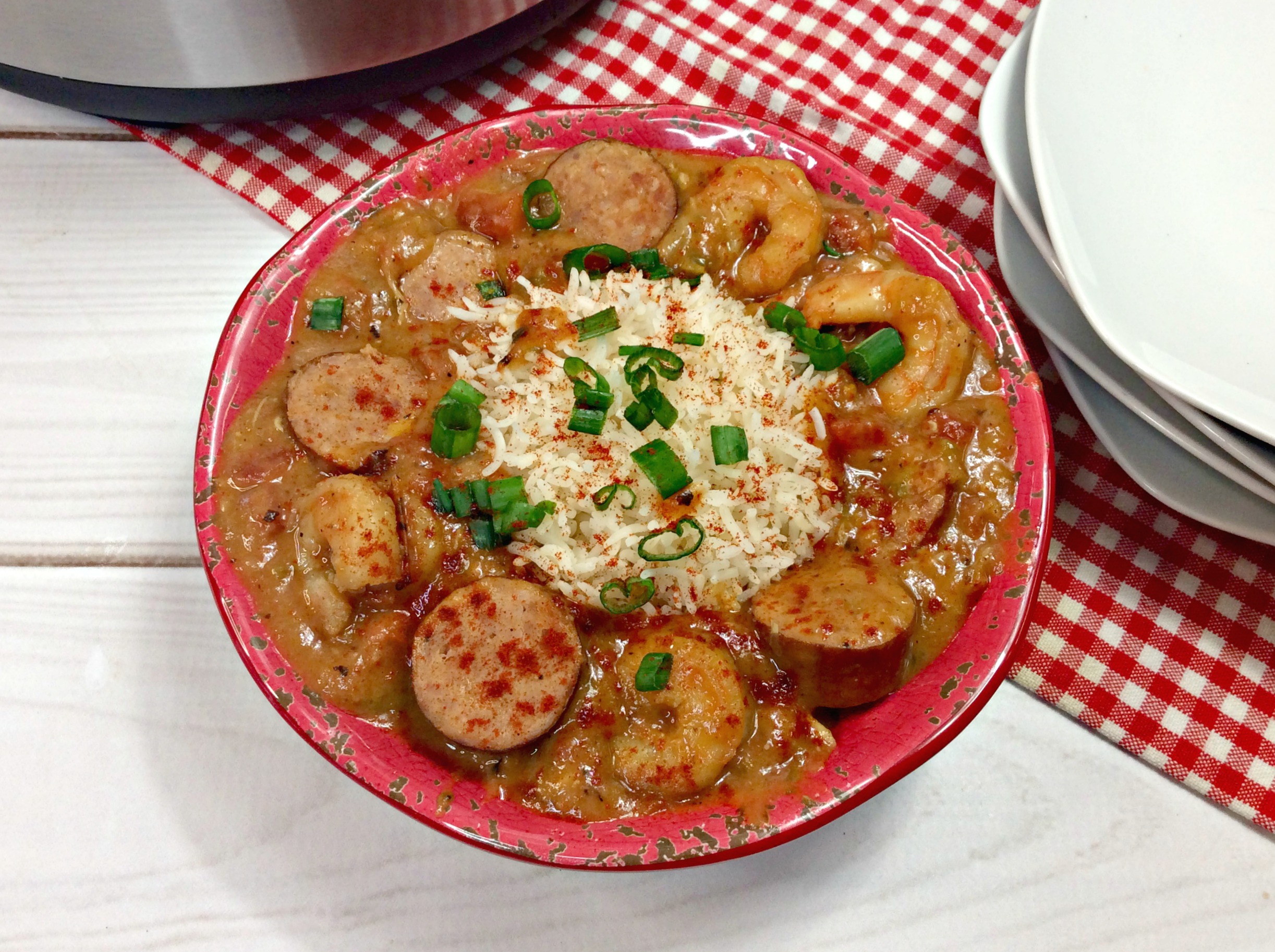 Instant Pot Gumbo garnished with chives.