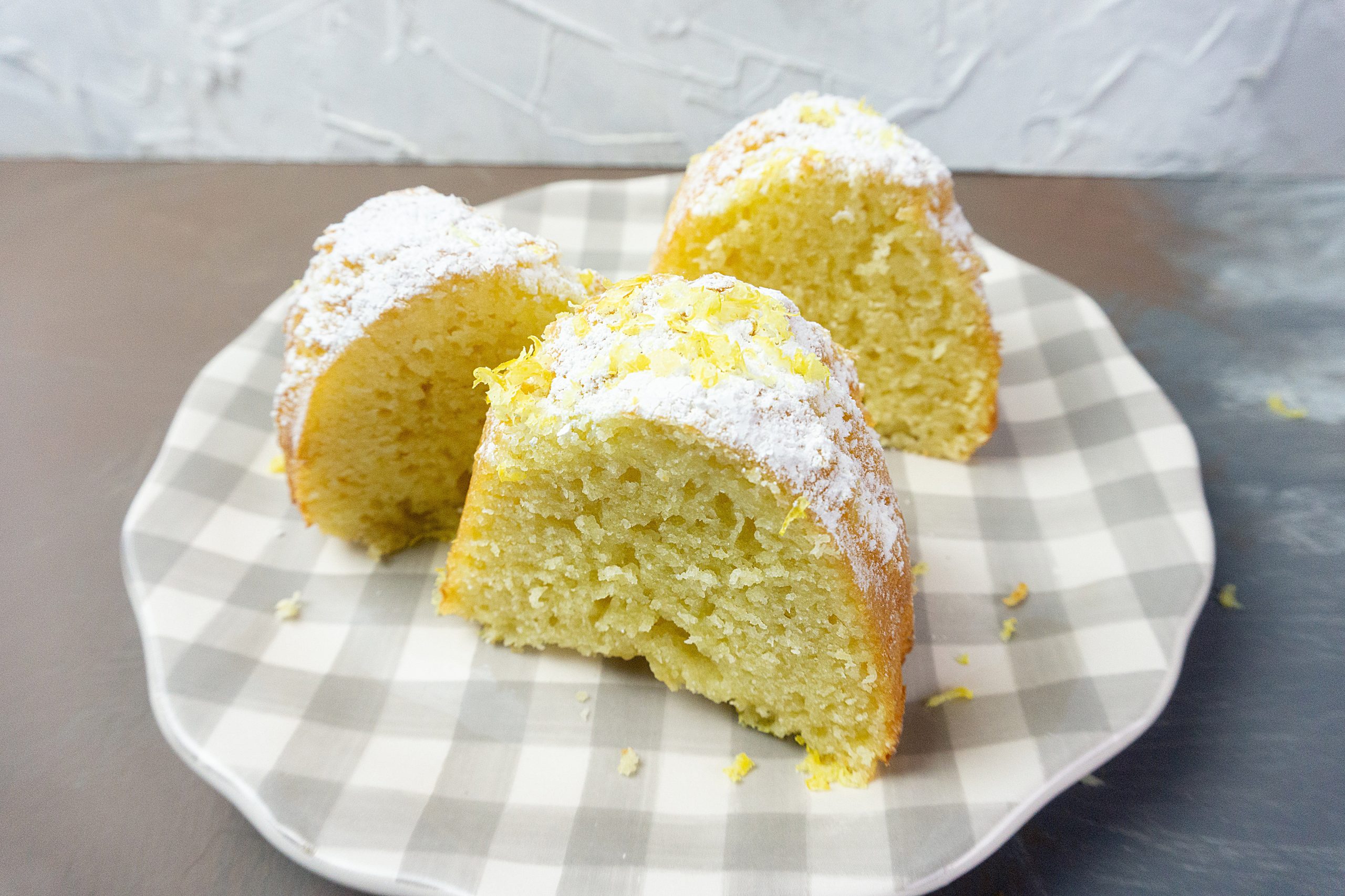 Meyer Lemon Bundt Cake on a serving plate.
