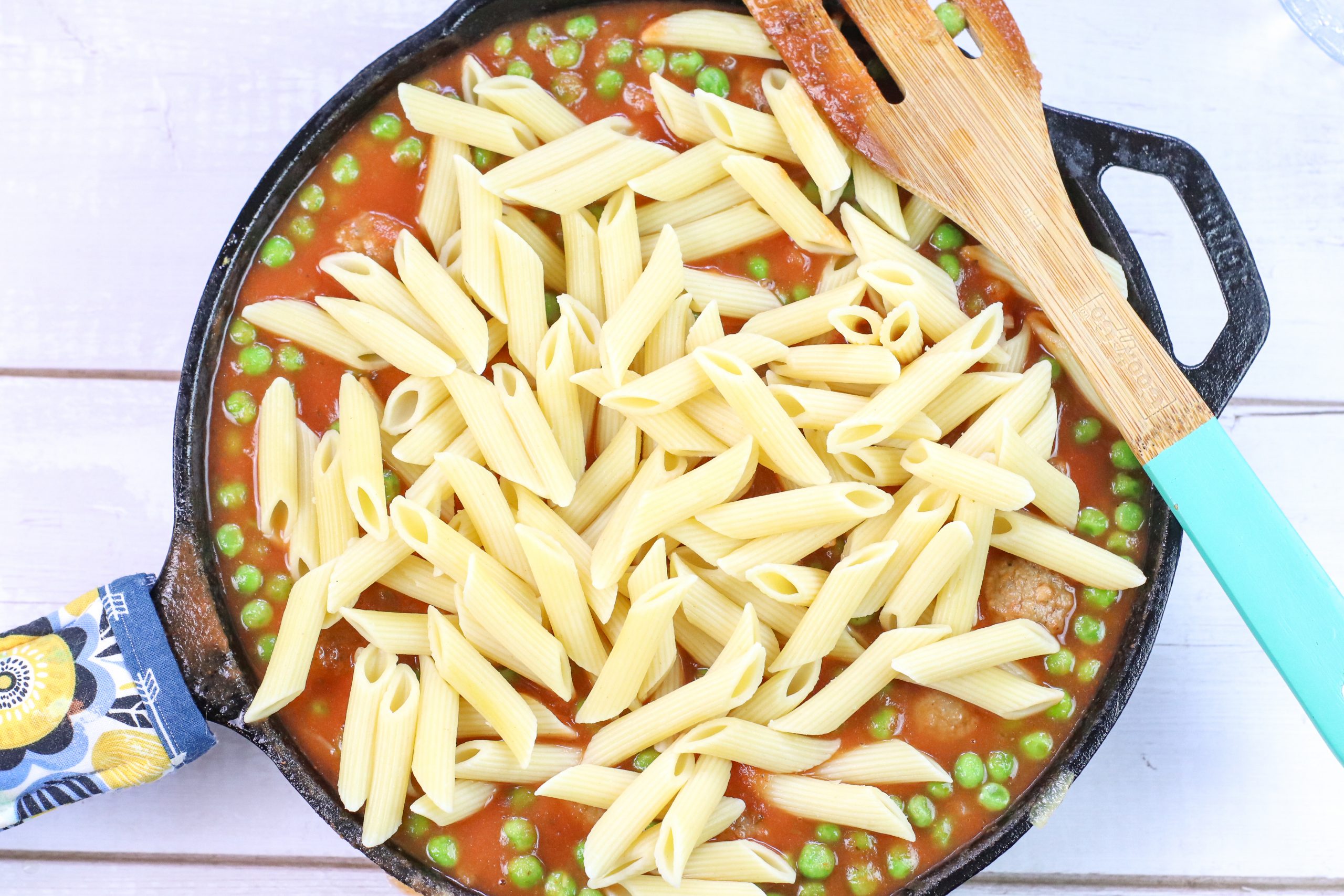 pasta in the skillet with other ingredients