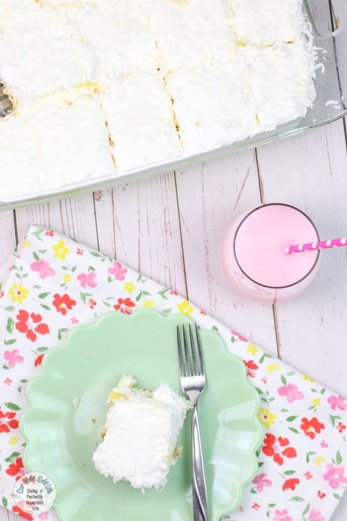 Downward view of the coconut poke cake.