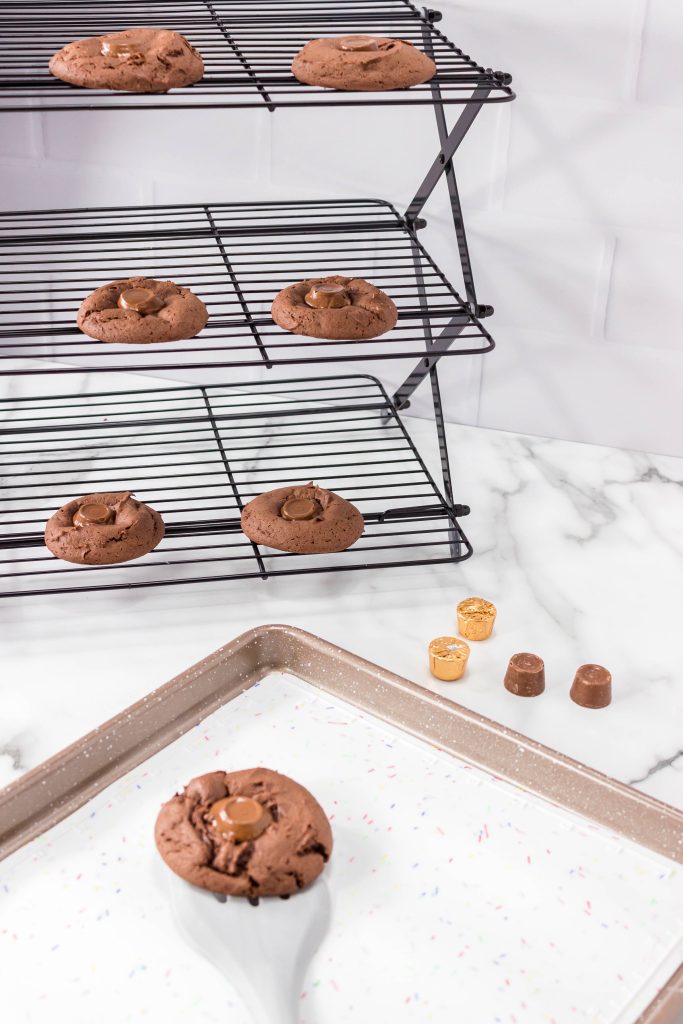 Rolo Cookies with Cake Mix on cooling rack