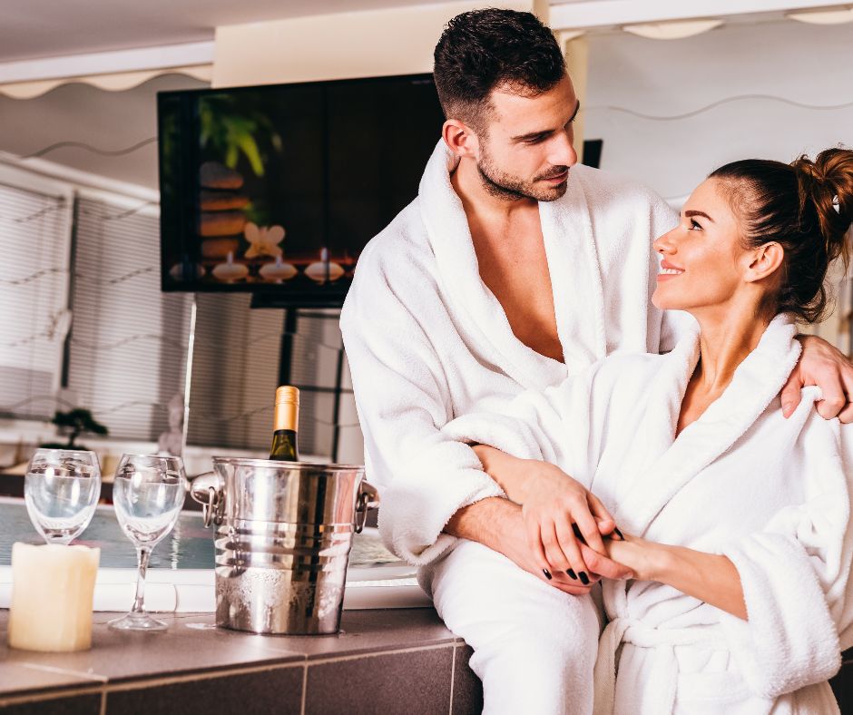couple in robes with spa like atmosphere
