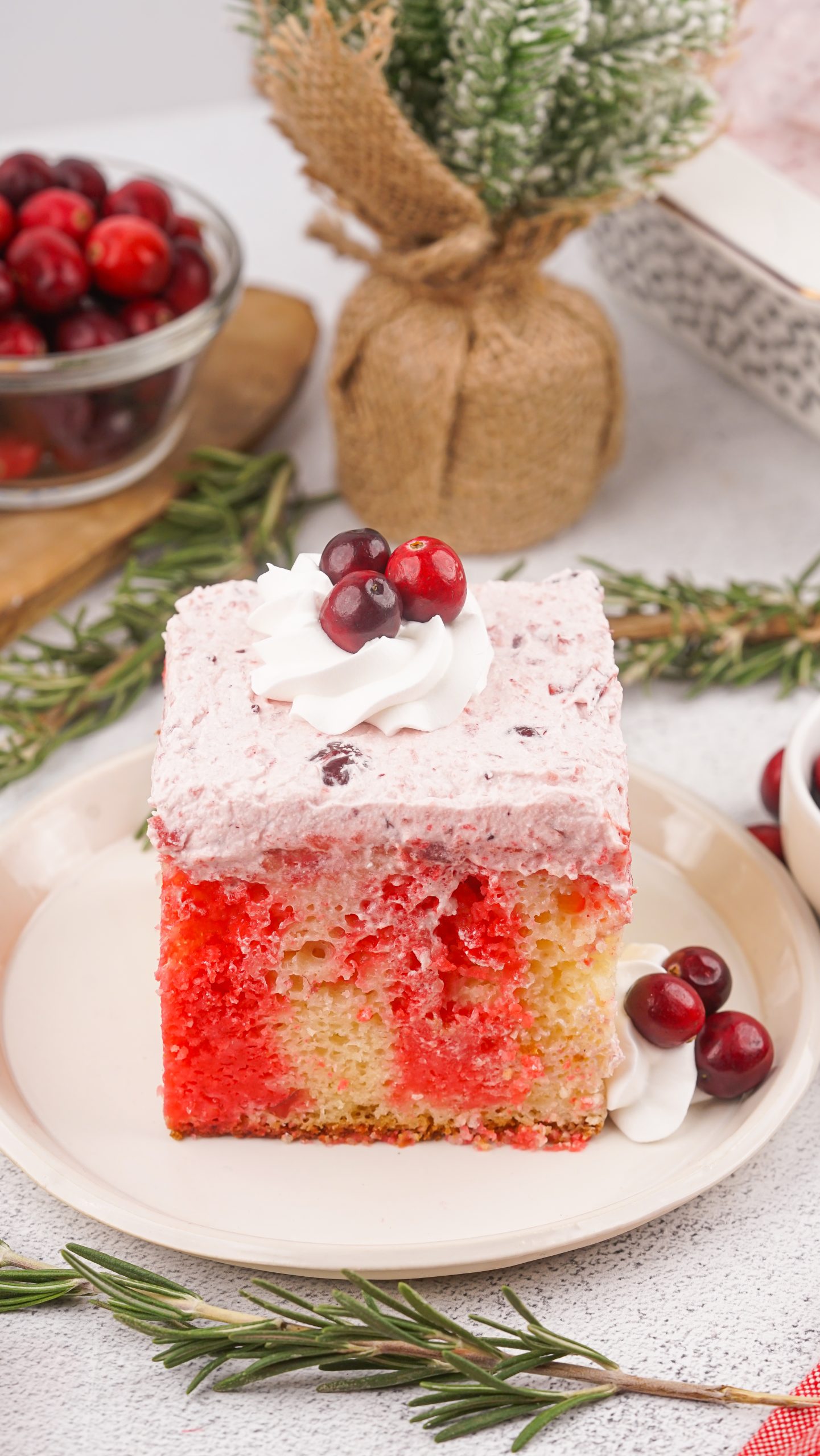 cranberry poke cake on a white plate