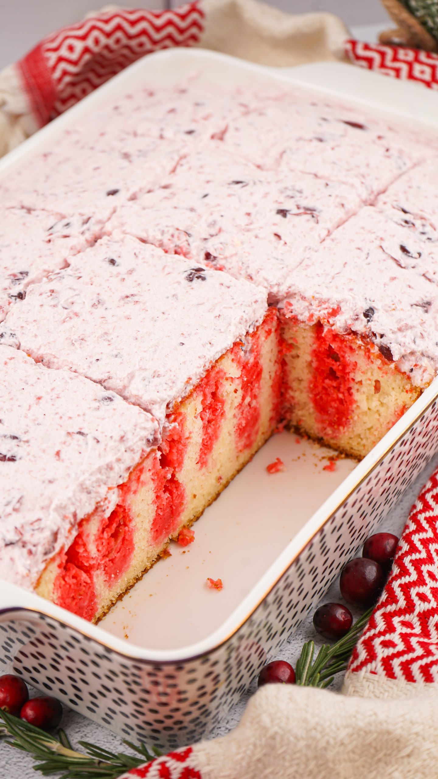 cranberry poke cake in a cake pan