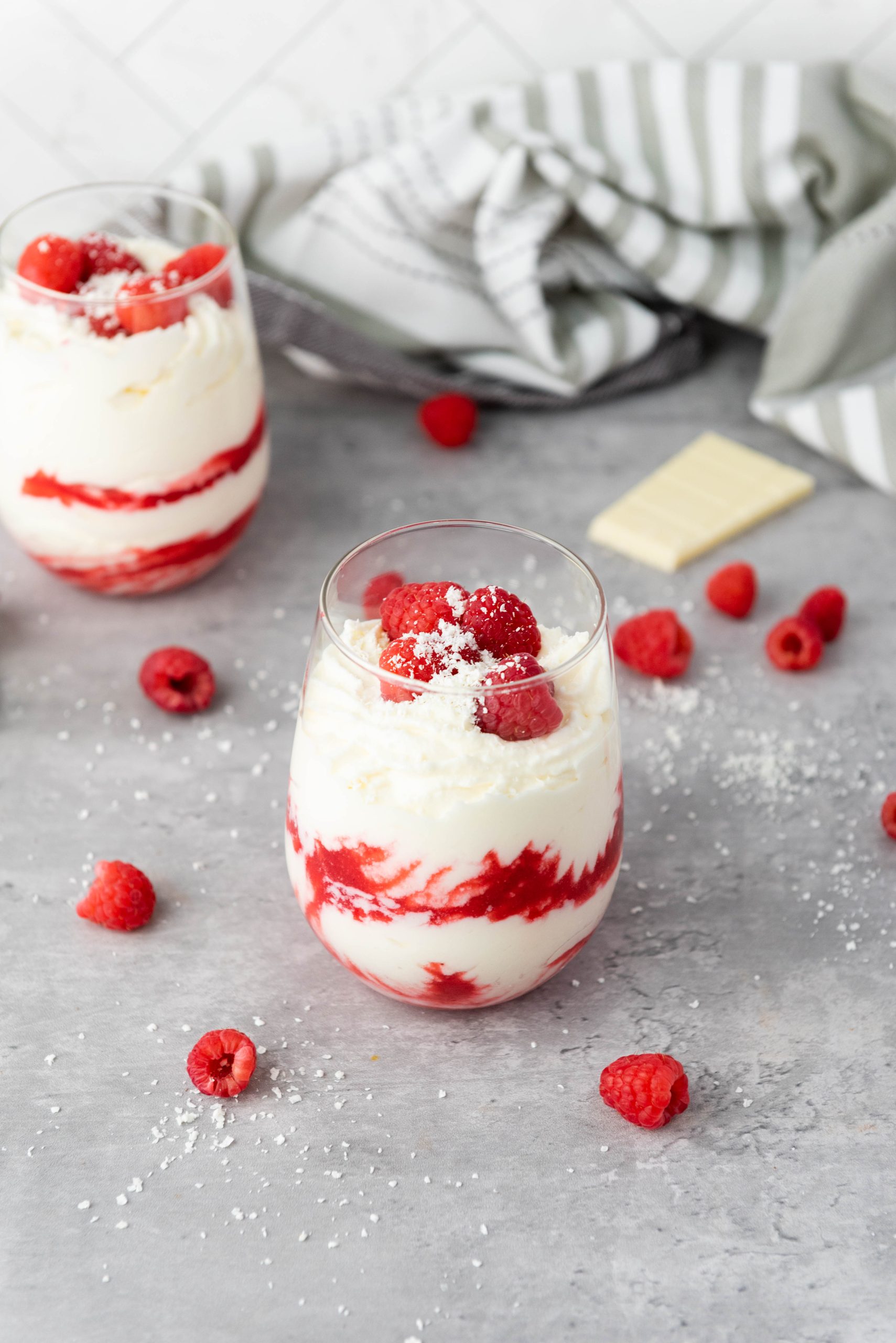 raspberry white chocolate mousse in a glass dish