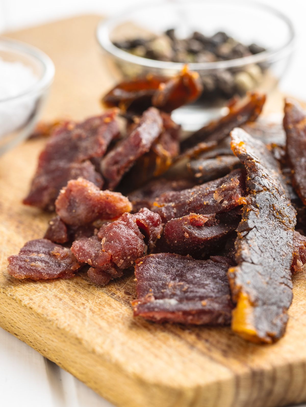 beef jerky on a brown board