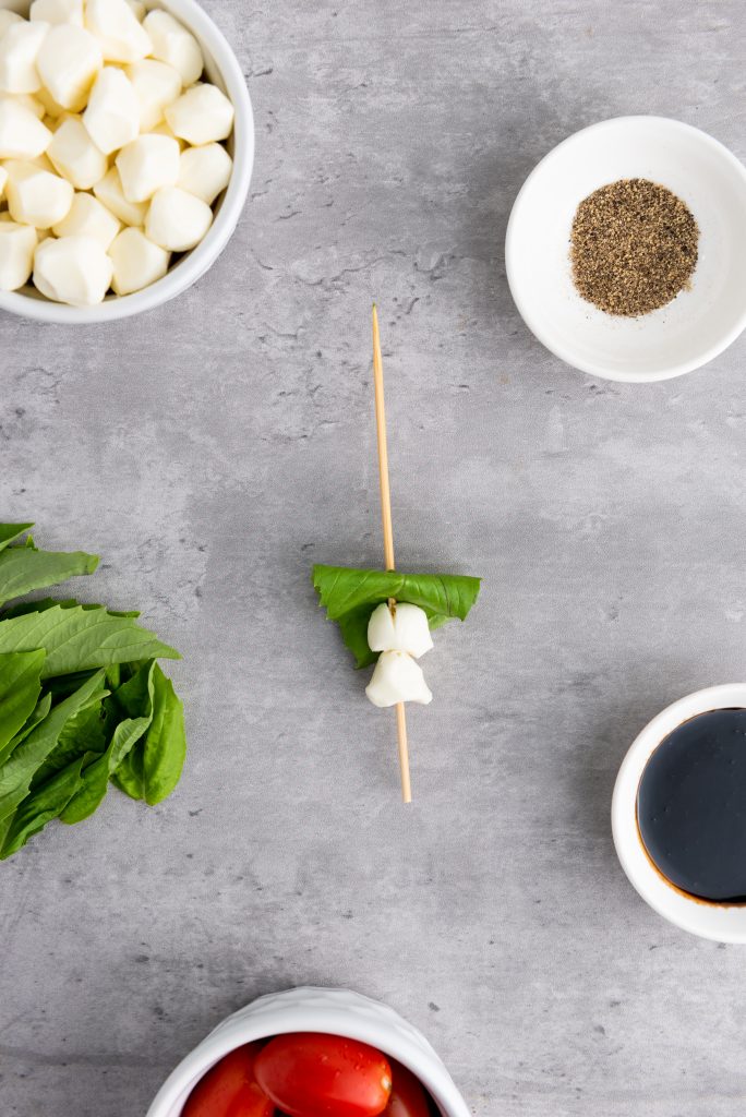 mozzarella and basil on a skewer