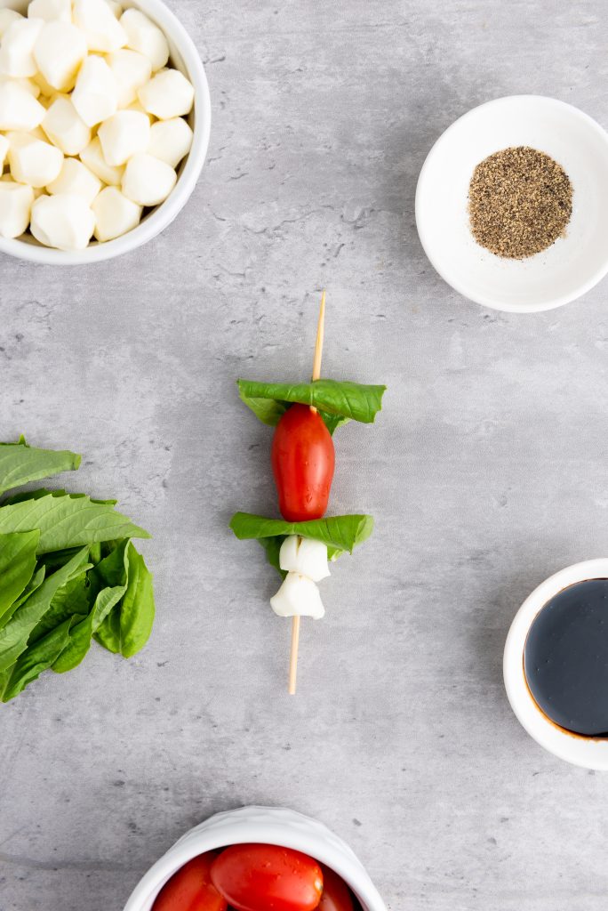 mozzarella and basil on a skewer