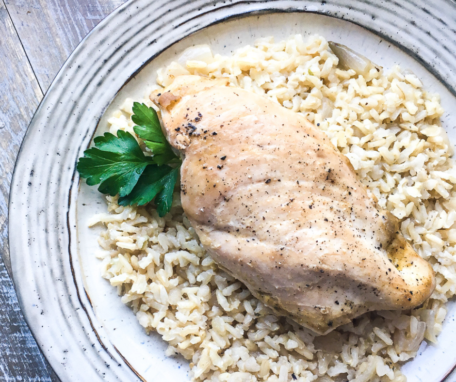 chicken and rice casserole on a white plate