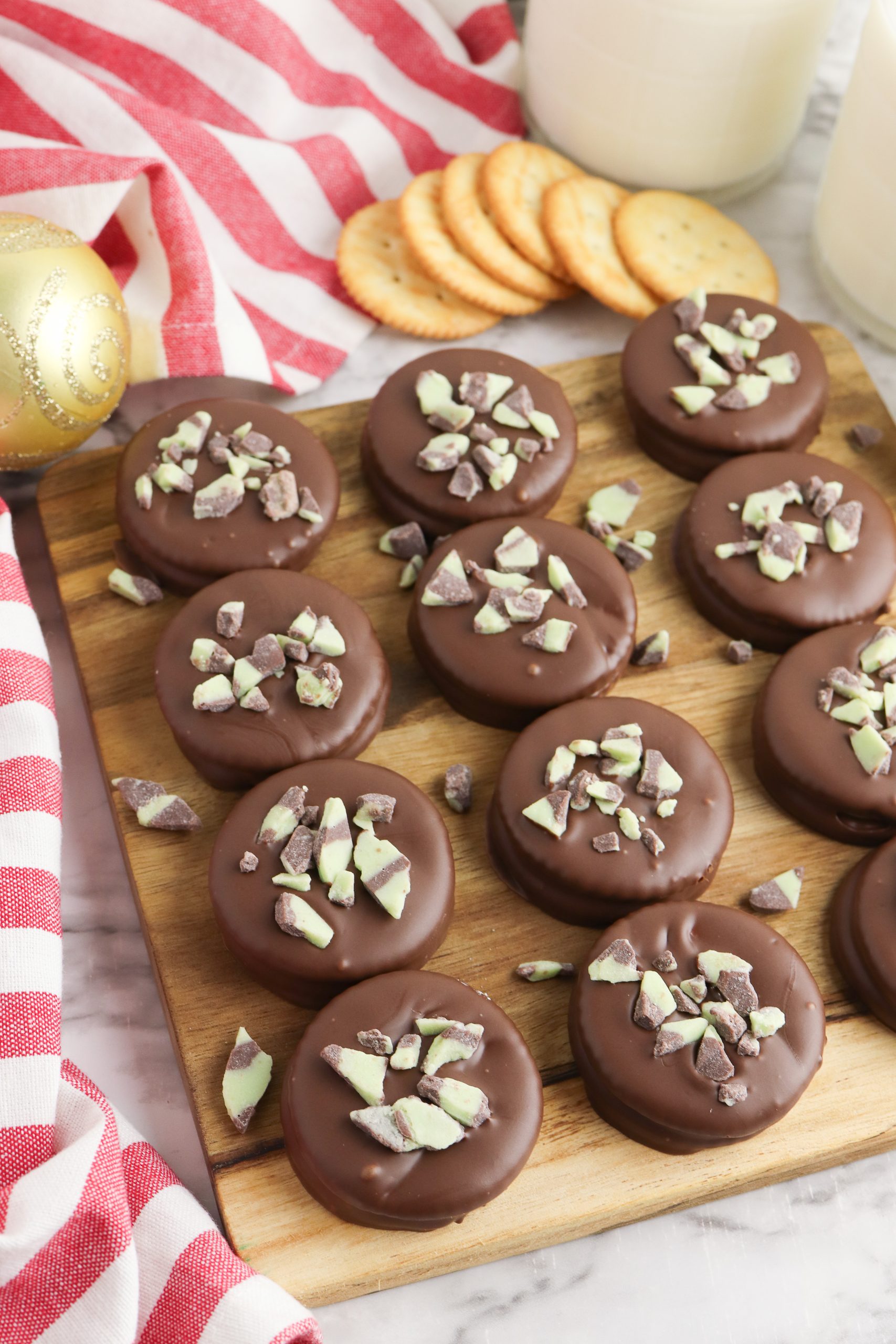 Ritz Cracker Thin Mints on a wooden board