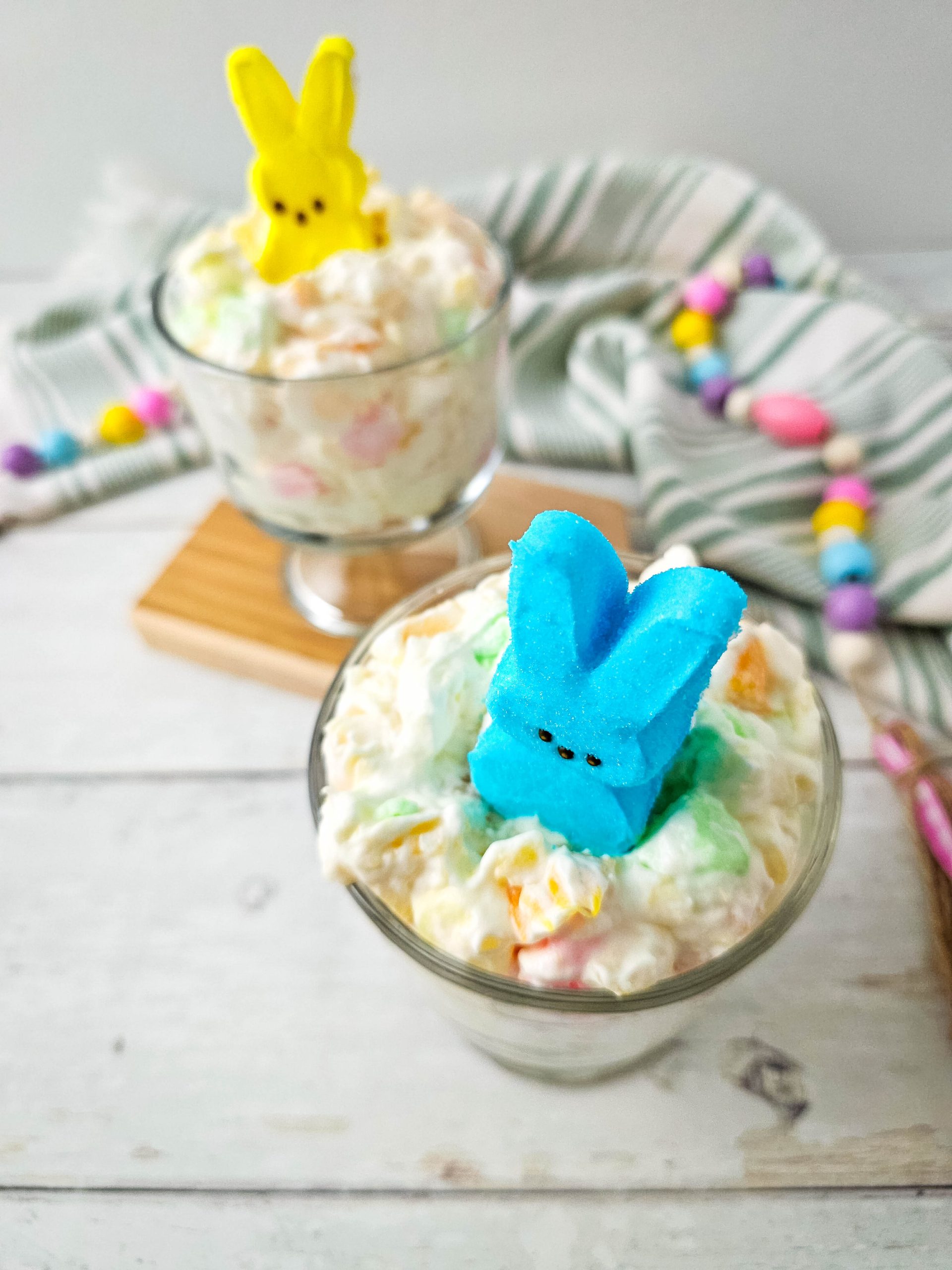 overhead of Easter Fluff with Peeps in a bowl