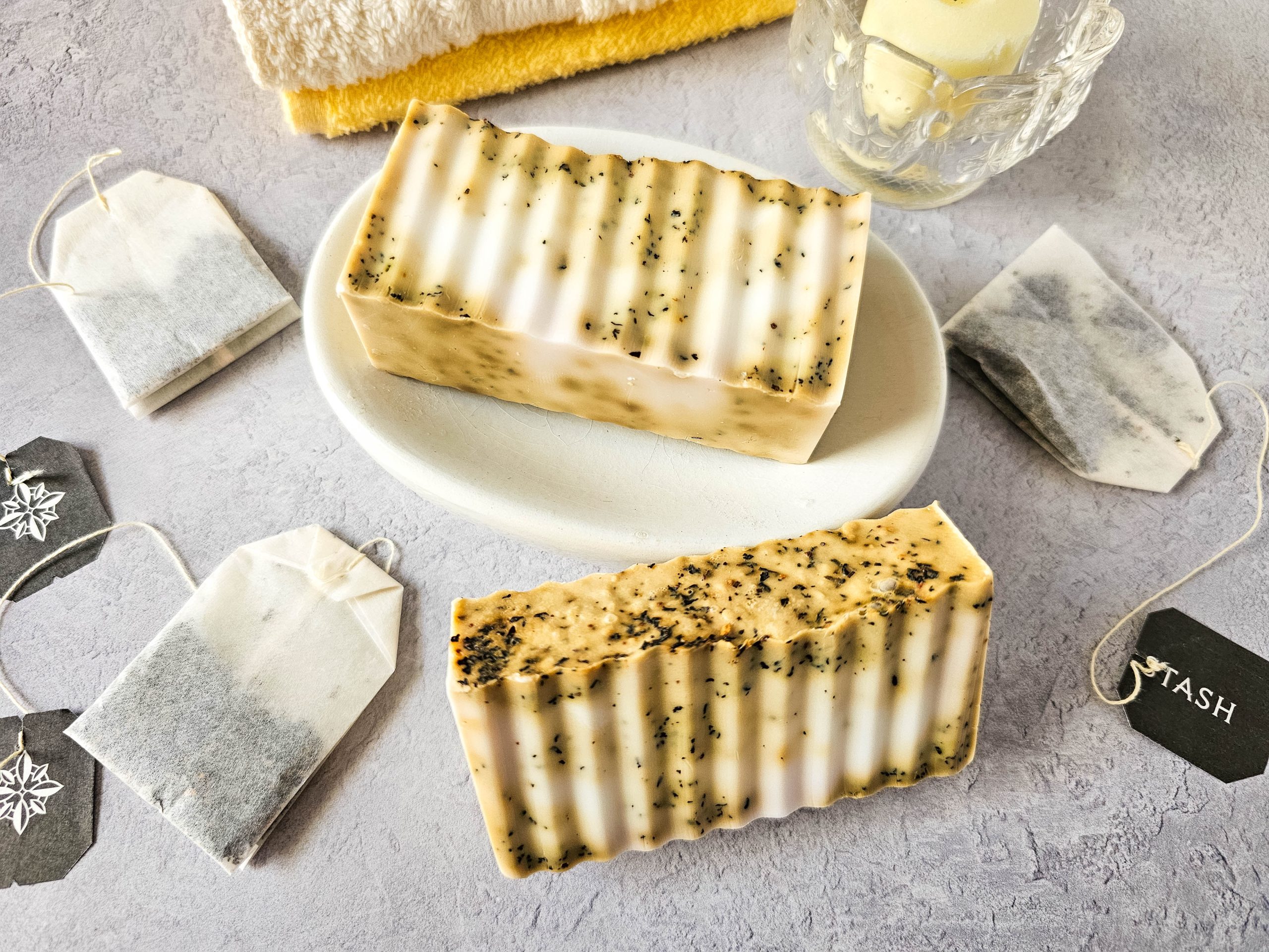 chai latte soap on a white plate