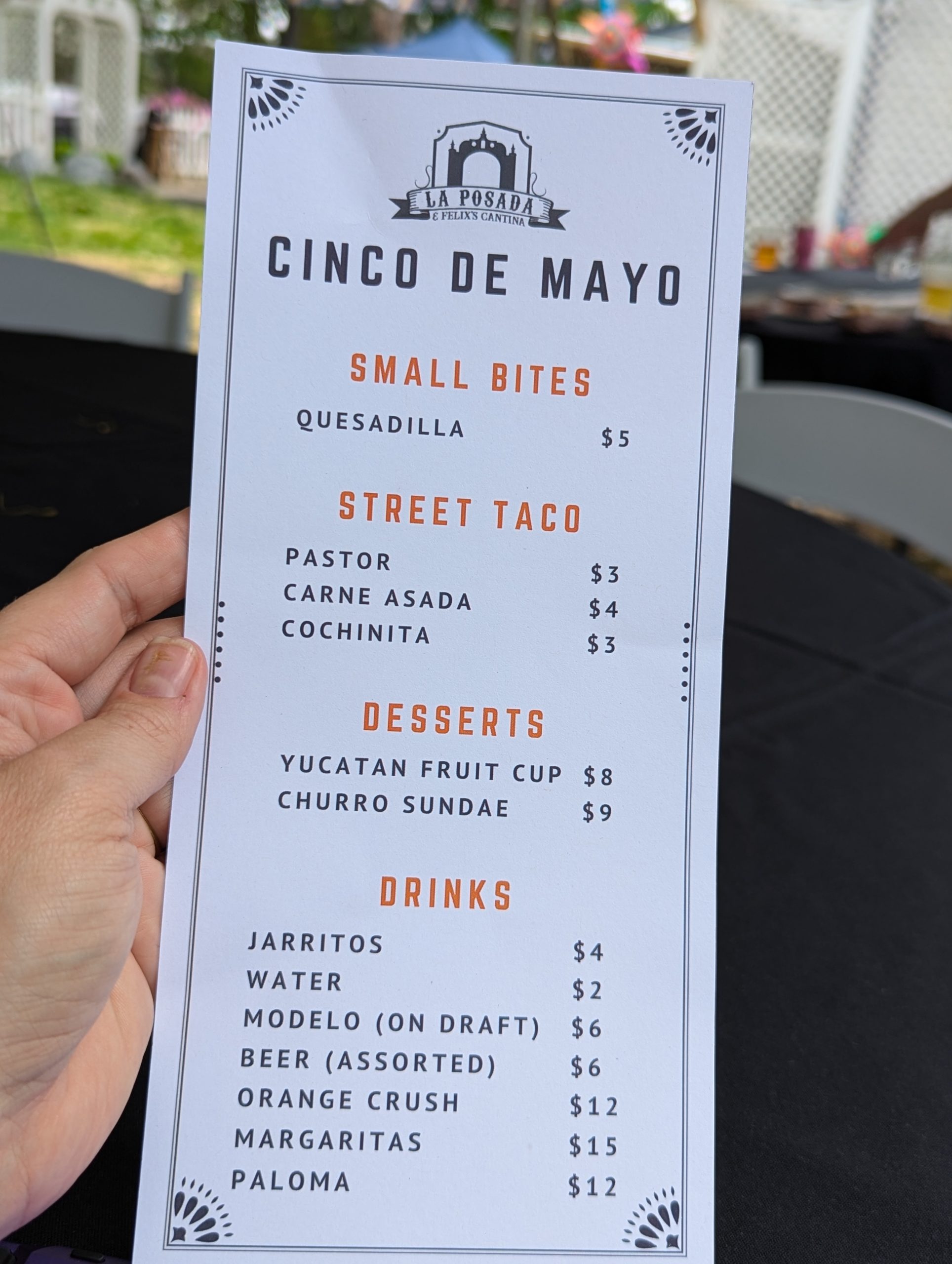 the menu from cinco de mayo at la posada