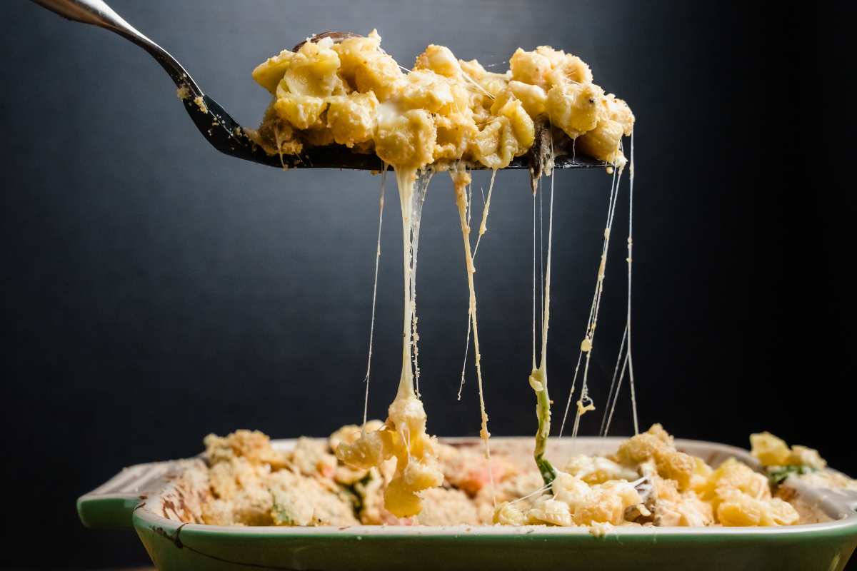 mac and cheese casserole on a spoon